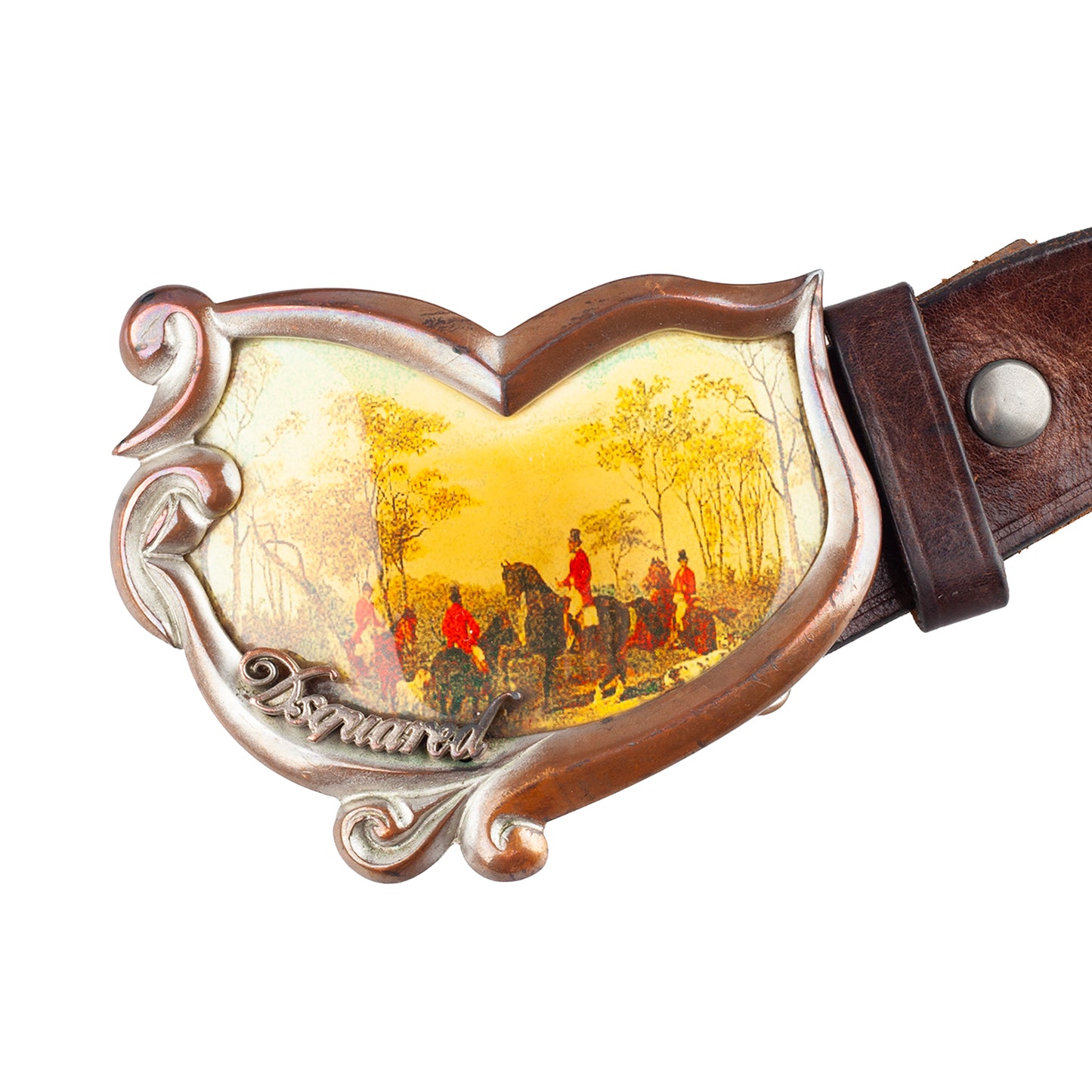 DSQUARED2 Vintage Brown Leather Equestrian Hunting Scene Belt
