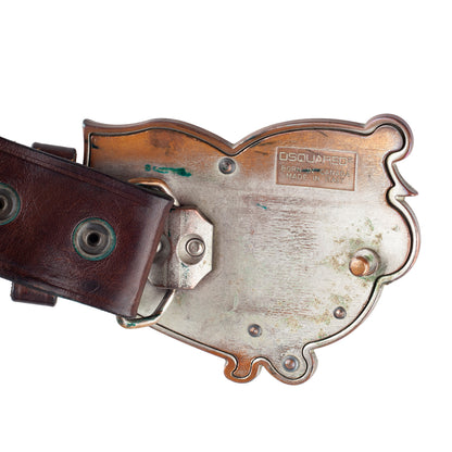 DSQUARED2 Vintage Brown Leather Equestrian Hunting Scene Belt