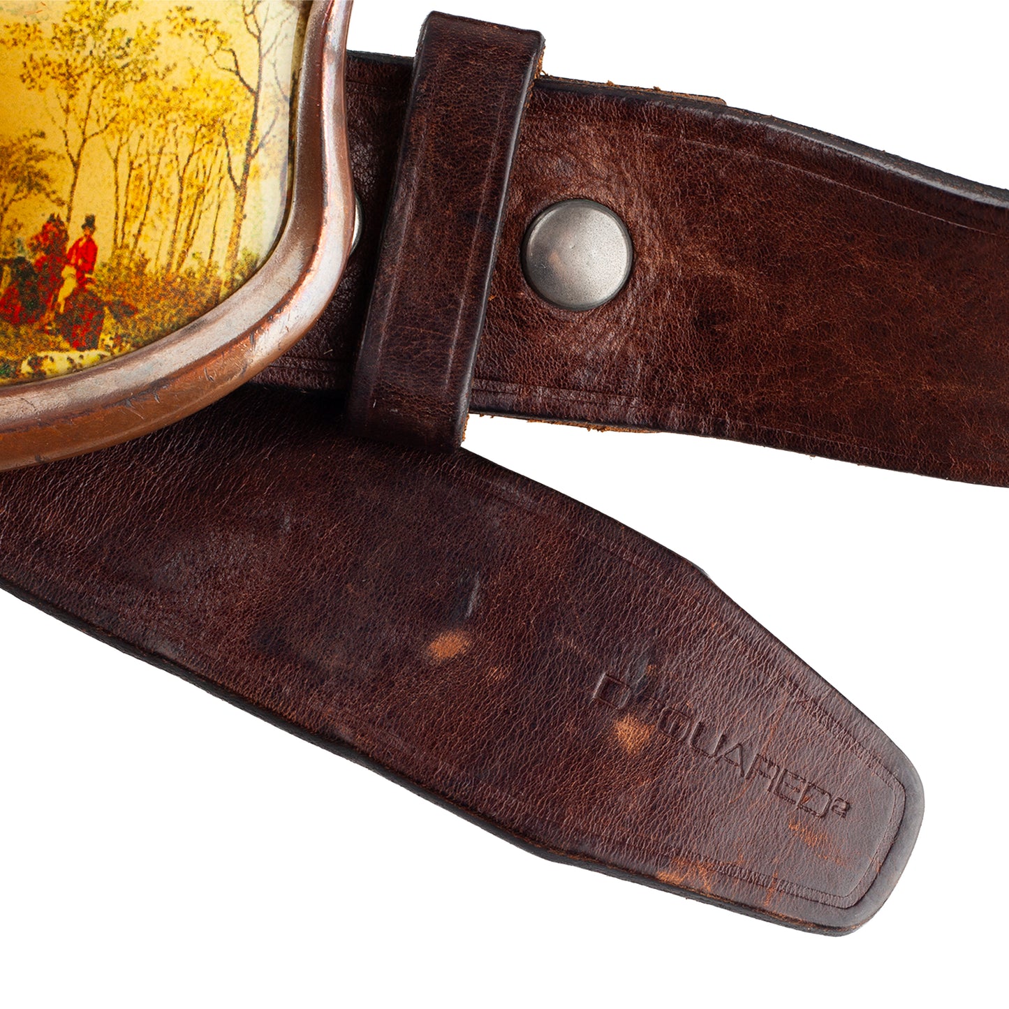 DSQUARED2 Vintage Brown Leather Equestrian Hunting Scene Belt
