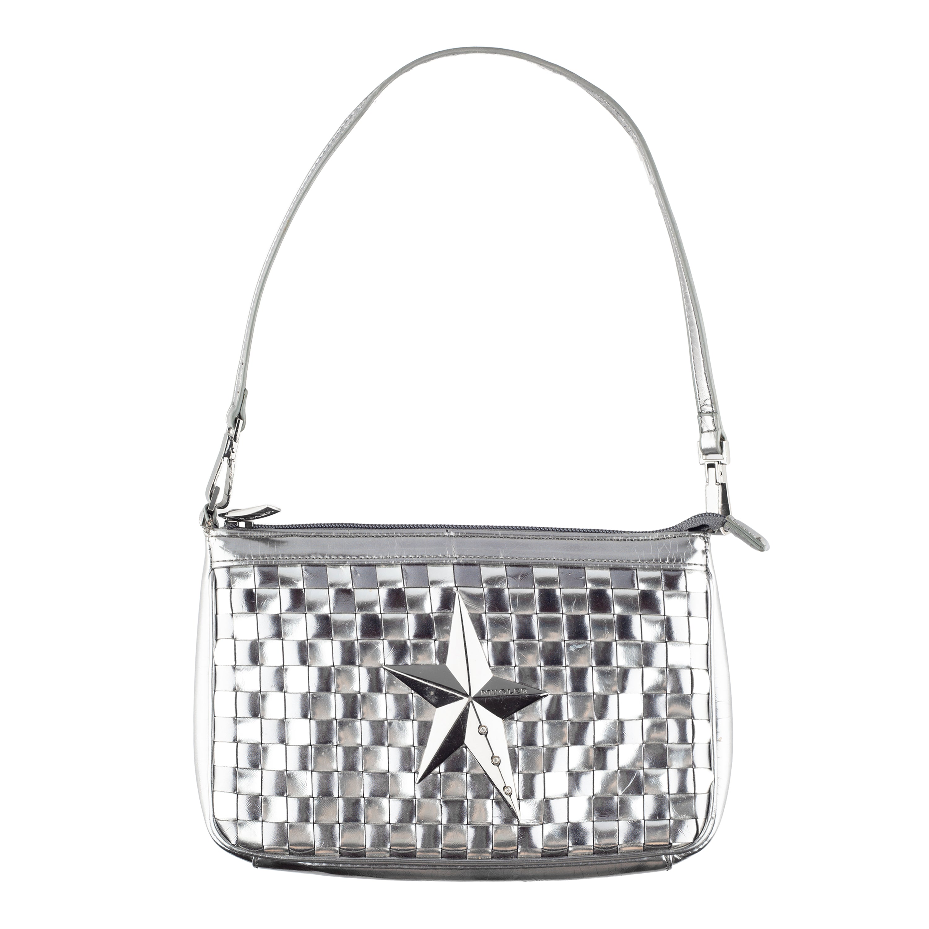 Mugler Metallic Silver Woven Star Shoulder Bag