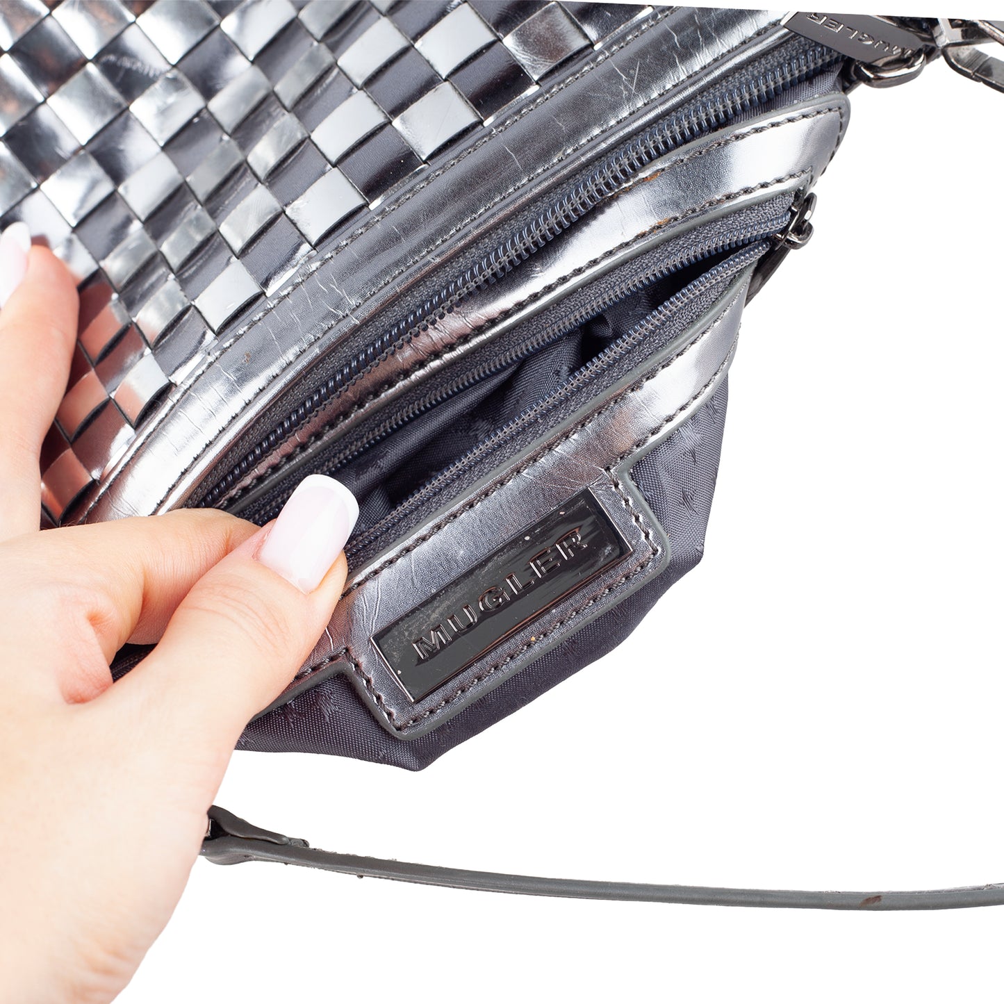 Mugler Metallic Silver Woven Star Shoulder Bag