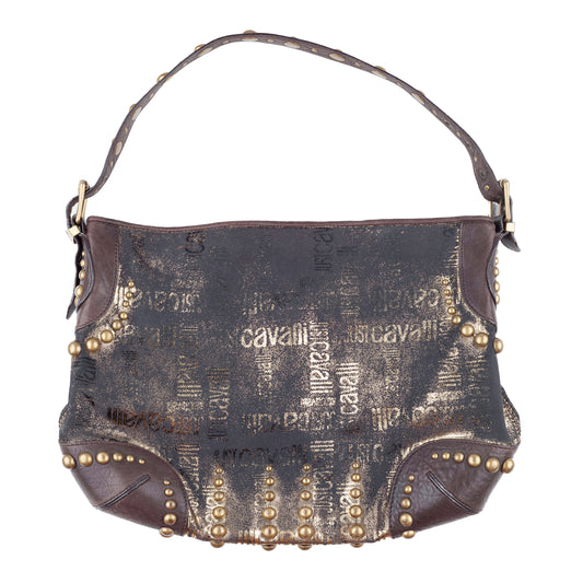 Just Cavalli Vintage Studded Monogram Black/Gold Shoulder Bag