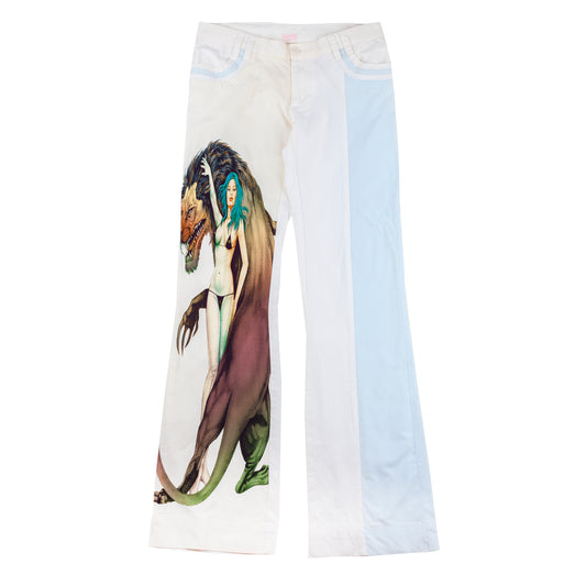 Custo Barcelona Vintage Printed Monster Creature White/Beige and Blue Pants (S/M)