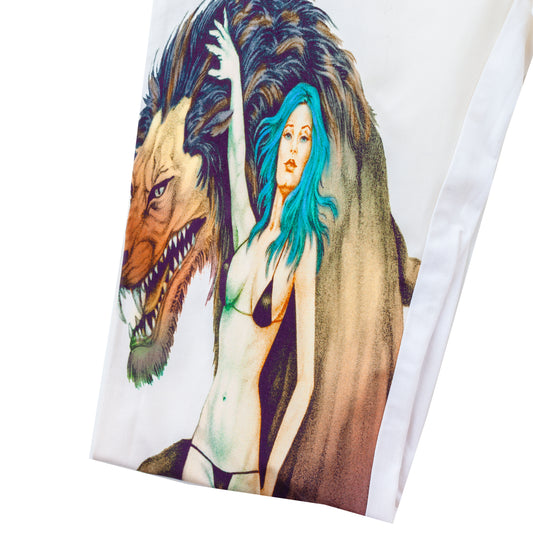 Custo Barcelona Vintage Printed Monster Creature White/Beige and Blue Pants (S/M)