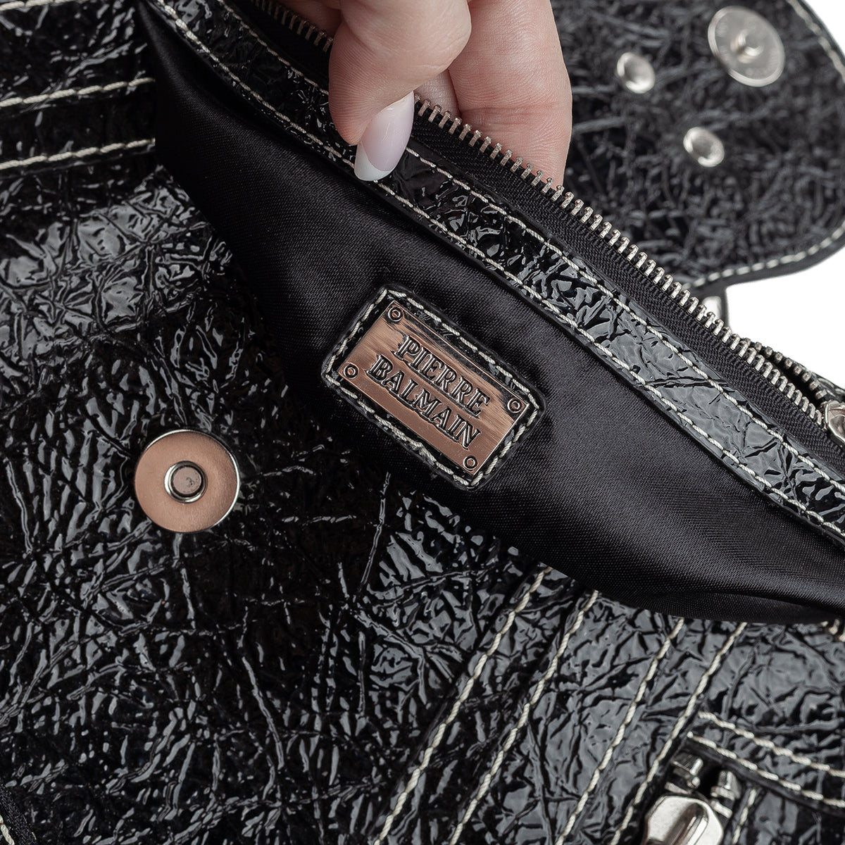 Pierre Balmain Big Black Patent Leather Hobo Shoulder Bag