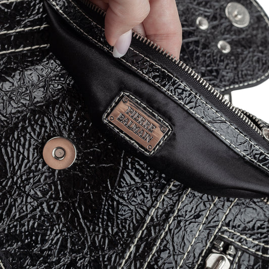 Pierre Balmain Big Black Patent Leather Hobo Shoulder Bag