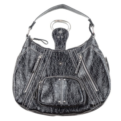 Pierre Balmain Big Black Patent Leather Hobo Shoulder Bag