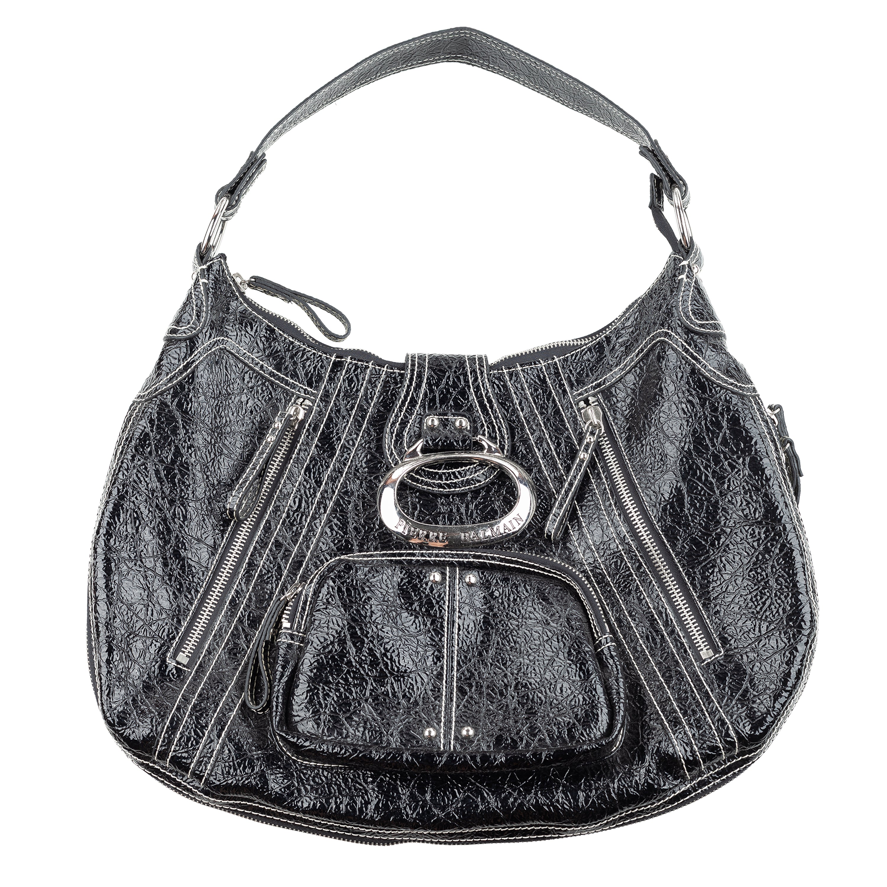Pierre Balmain Big Black Patent Leather Hobo Shoulder Bag