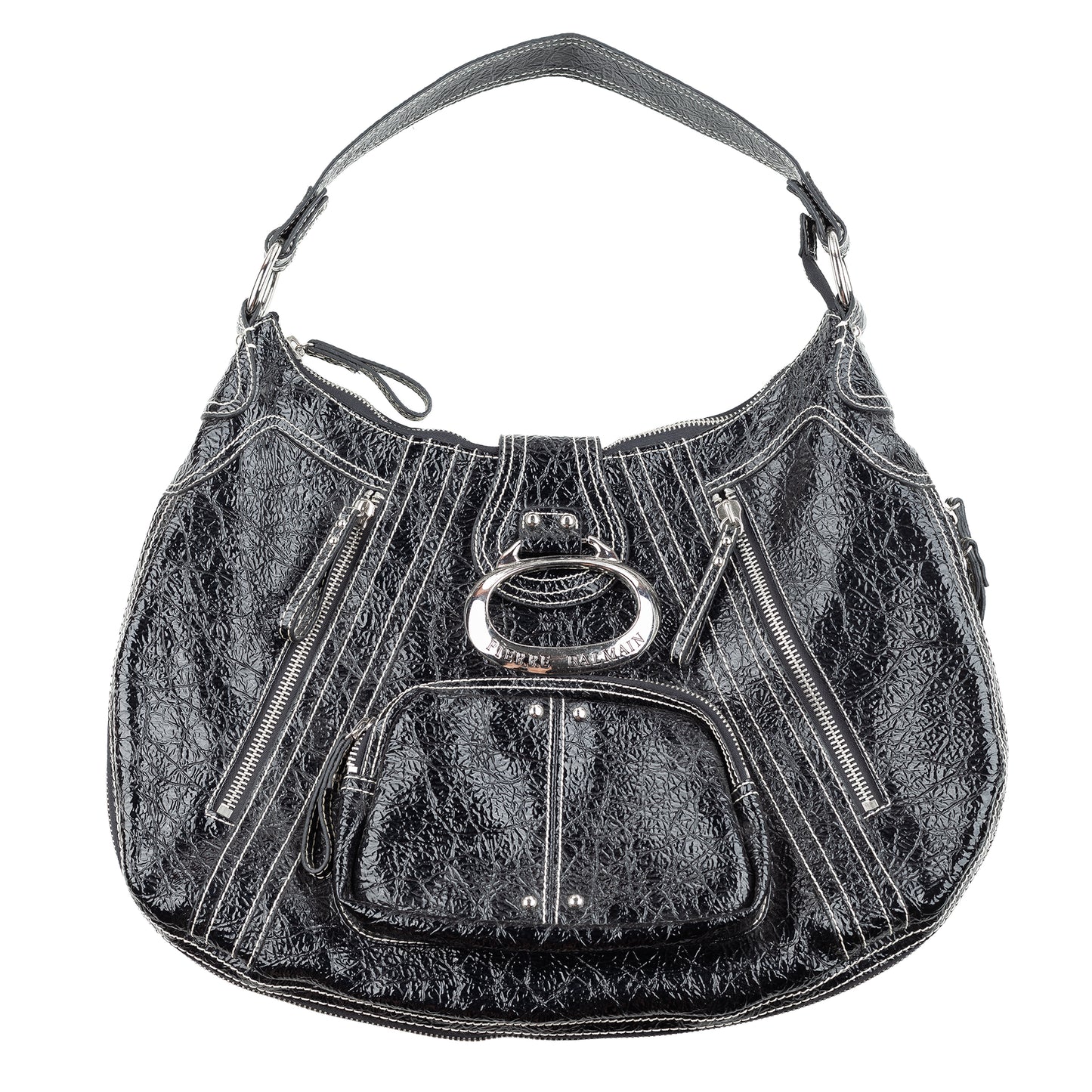 Pierre Balmain Big Black Patent Leather Hobo Shoulder Bag