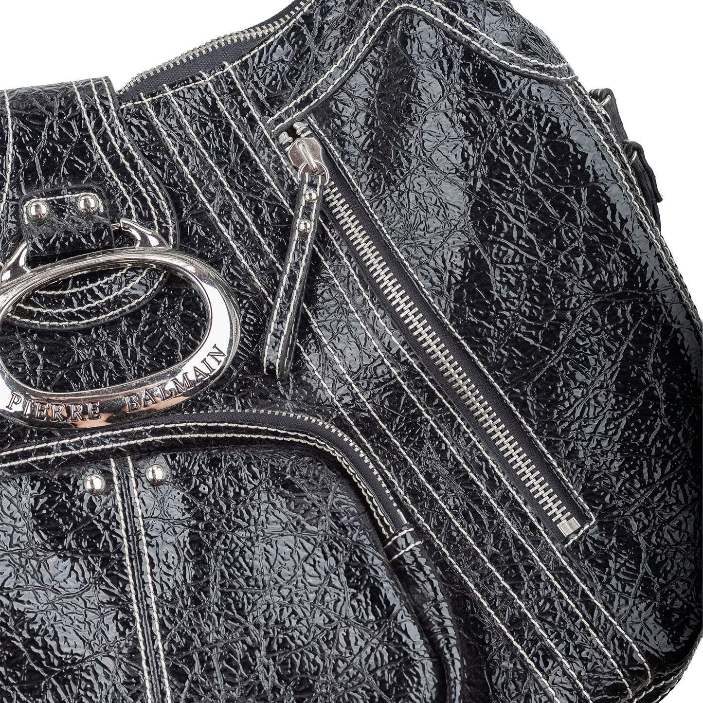 Pierre Balmain Big Black Patent Leather Hobo Shoulder Bag