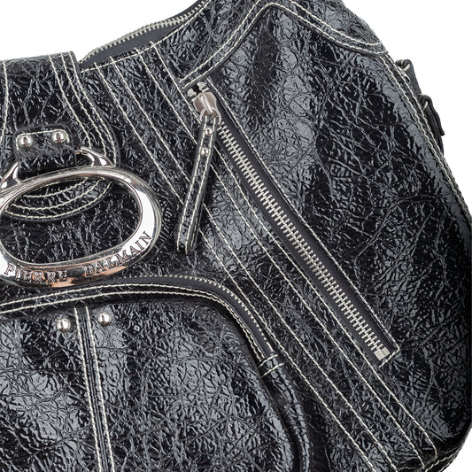 Pierre Balmain Big Black Patent Leather Hobo Shoulder Bag