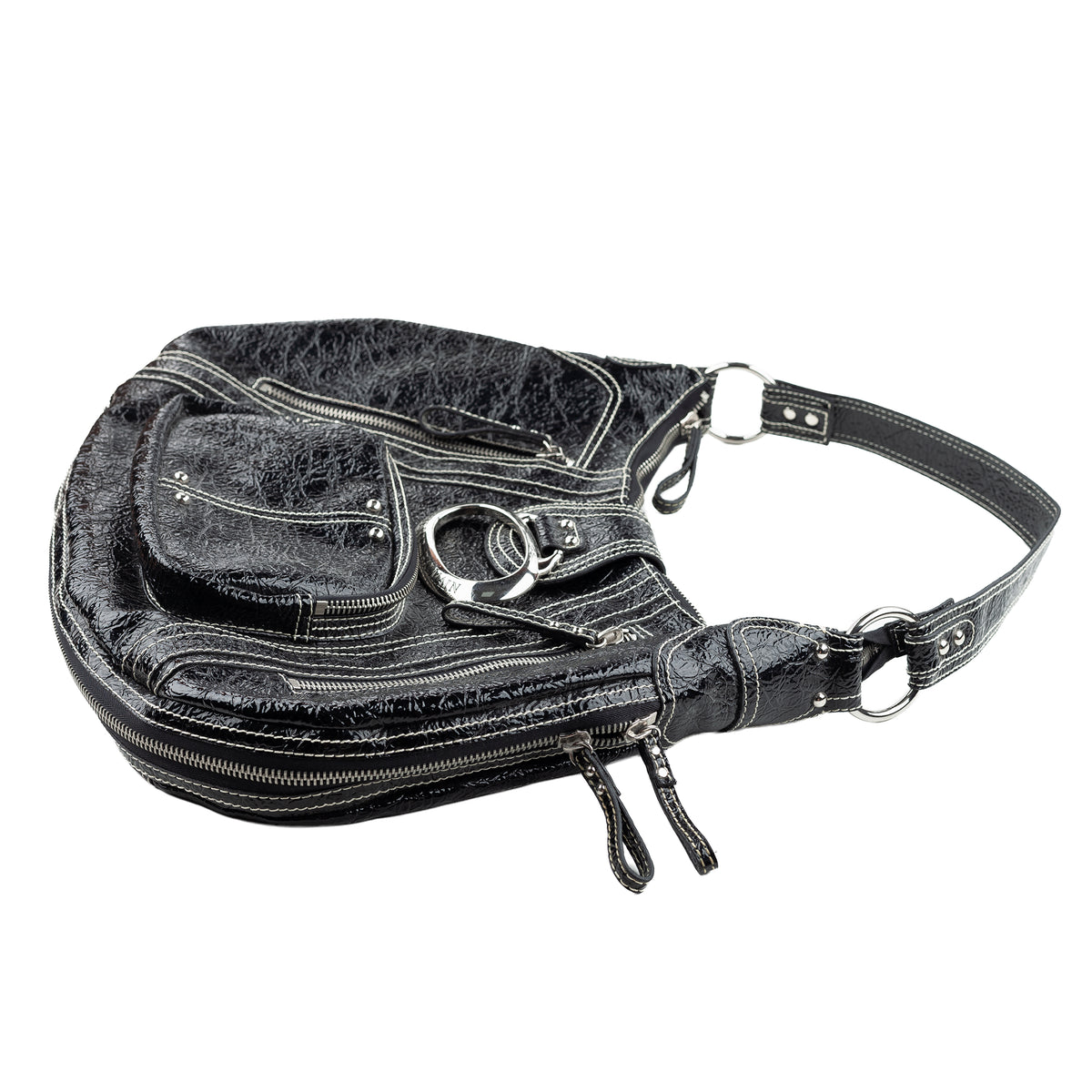 Pierre Balmain Big Black Patent Leather Hobo Shoulder Bag