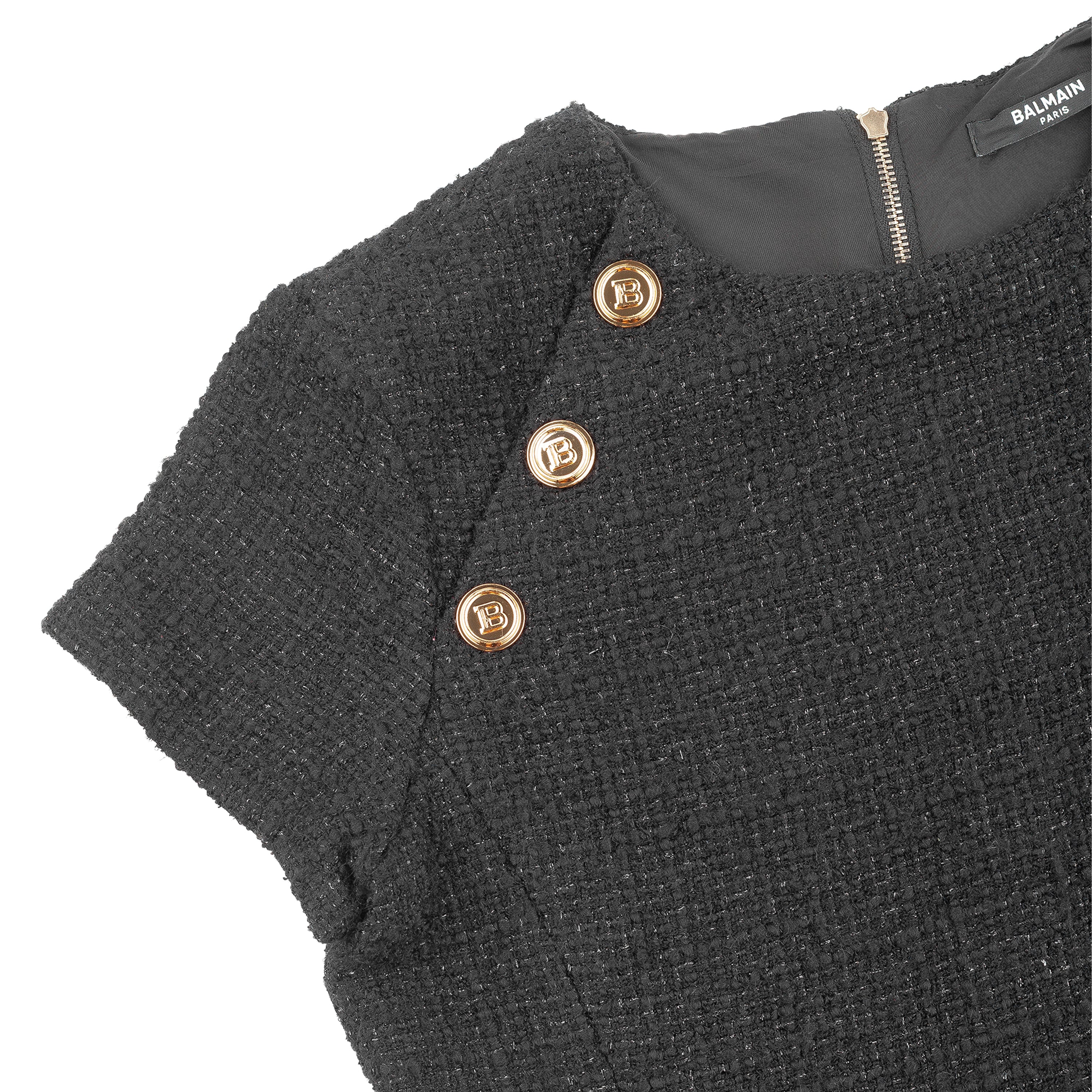 Balmain Black Tweed Gold Button Mini Dress