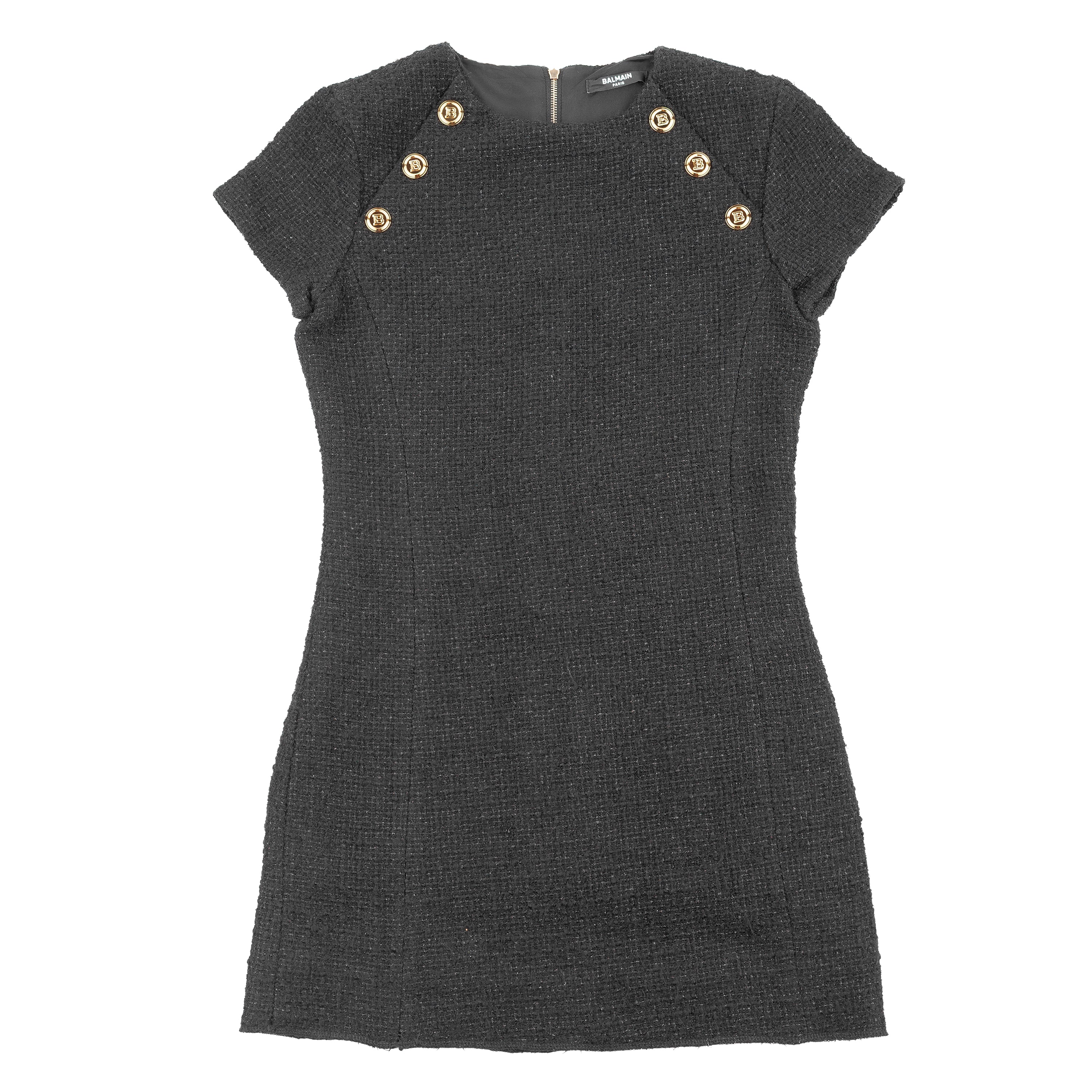 Balmain Black Tweed Gold Button Mini Dress