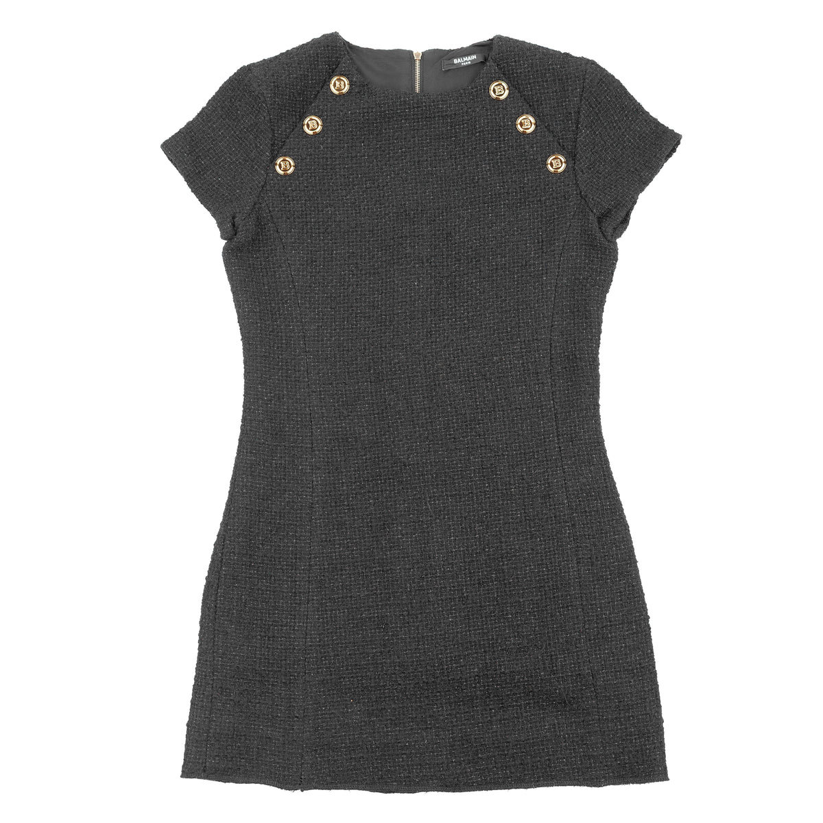 Balmain Black Tweed Gold Button Mini Dress