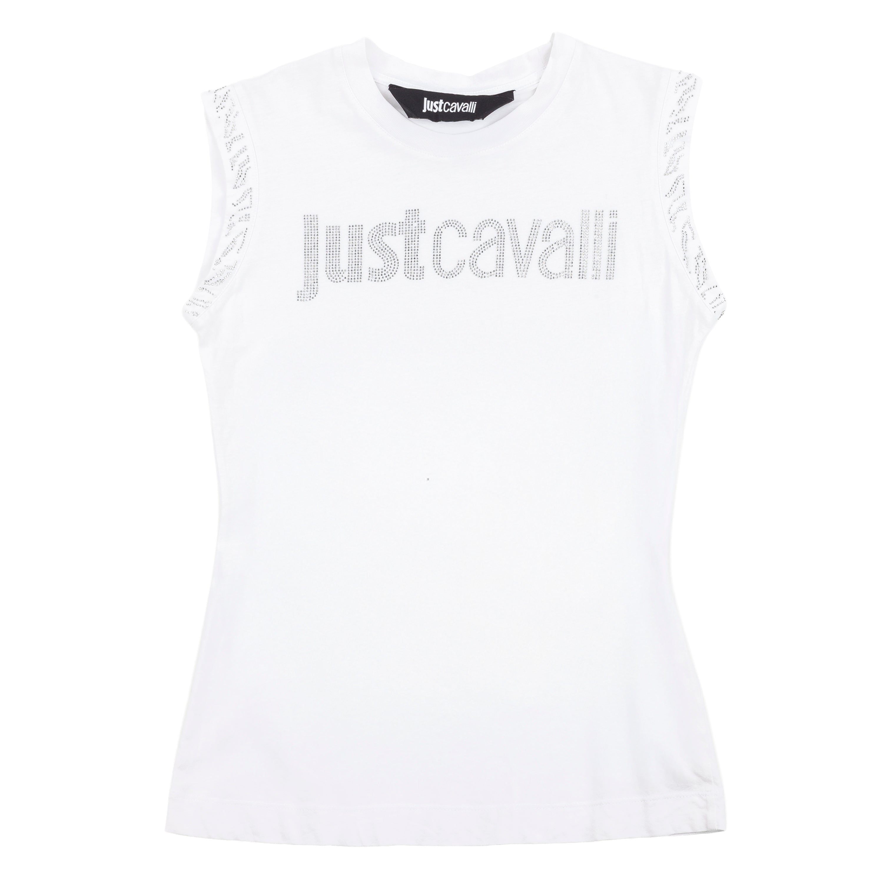 Just Cavalli Rhinestone Logo White Sleeveless Top