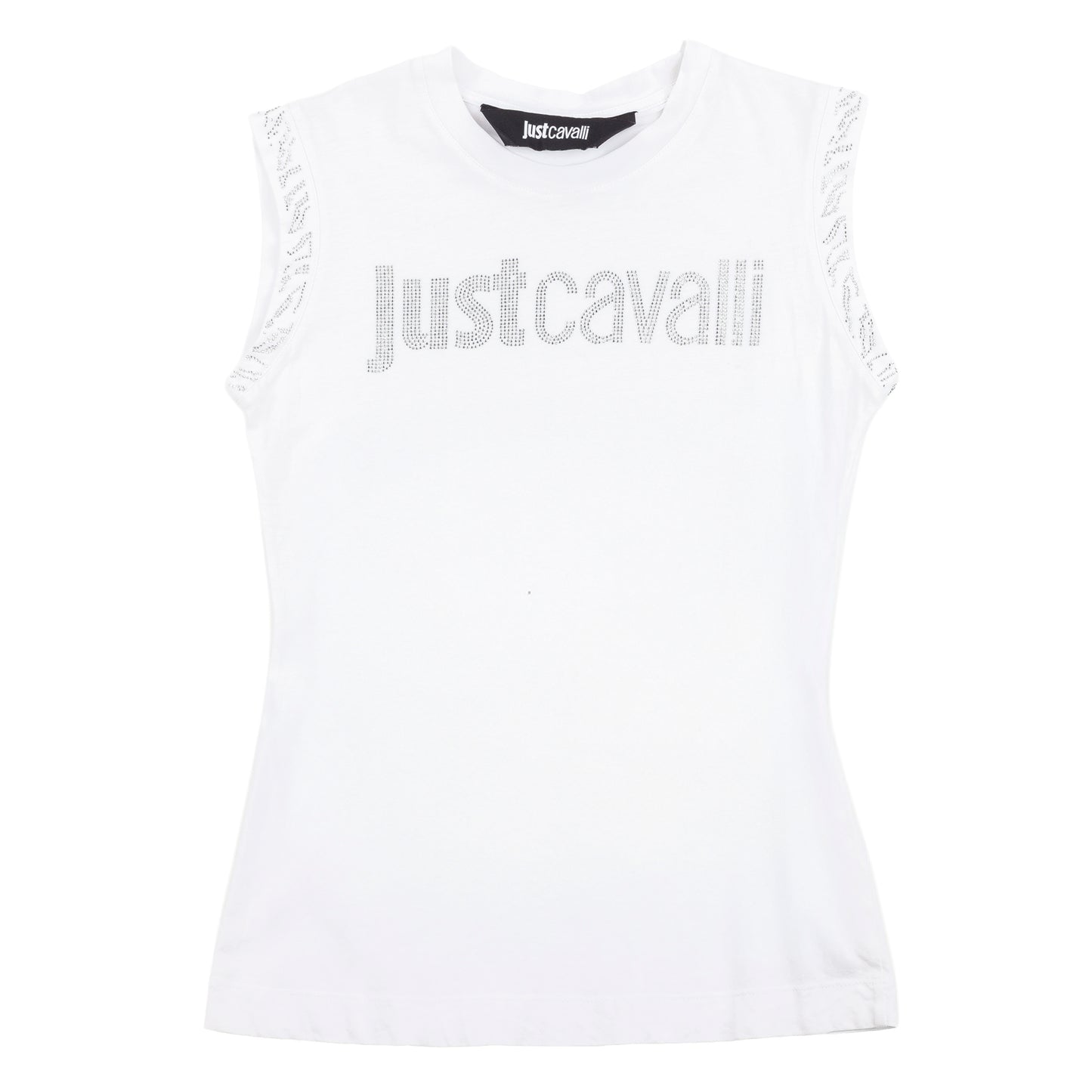 Just Cavalli Rhinestone Logo White Sleeveless Top