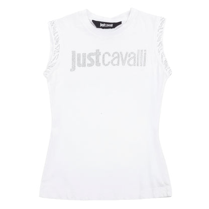 Just Cavalli Rhinestone Logo White Sleeveless Top