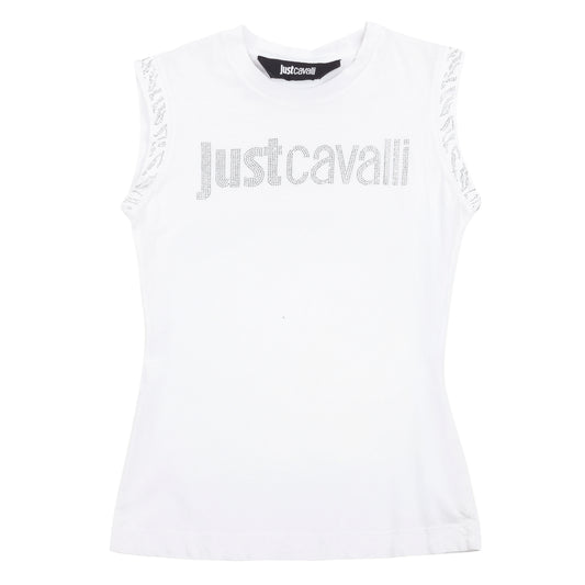 Just Cavalli Rhinestone Logo White Sleeveless Top