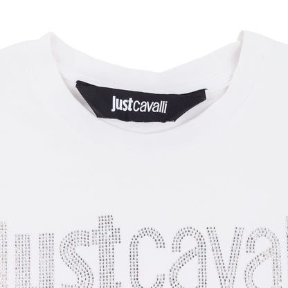 Just Cavalli Rhinestone Logo White Sleeveless Top