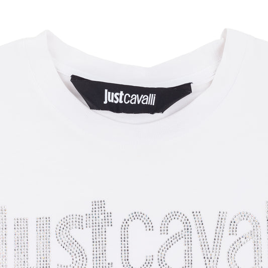 Just Cavalli Rhinestone Logo White Sleeveless Top
