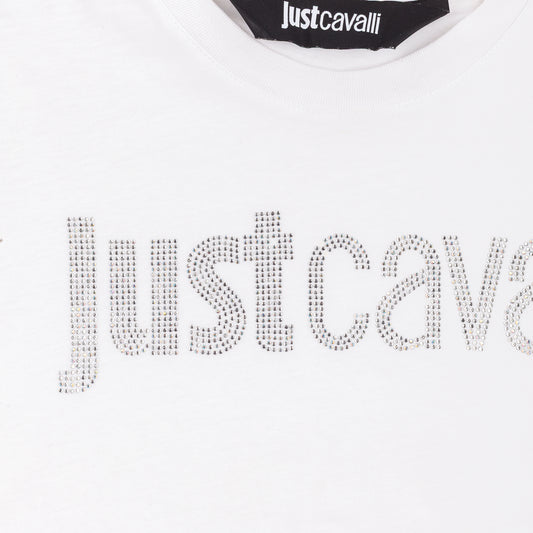 Just Cavalli Rhinestone Logo White Sleeveless Top