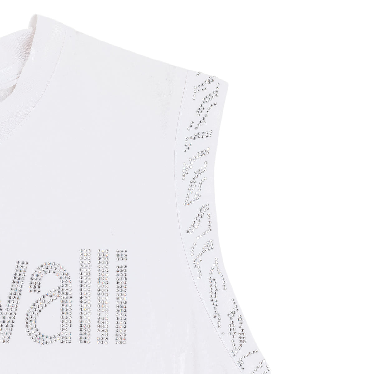 Just Cavalli Rhinestone Logo White Sleeveless Top