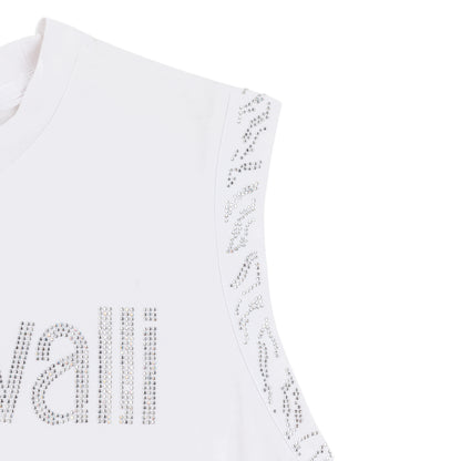 Just Cavalli Rhinestone Logo White Sleeveless Top