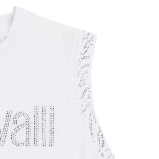 Just Cavalli Rhinestone Logo White Sleeveless Top
