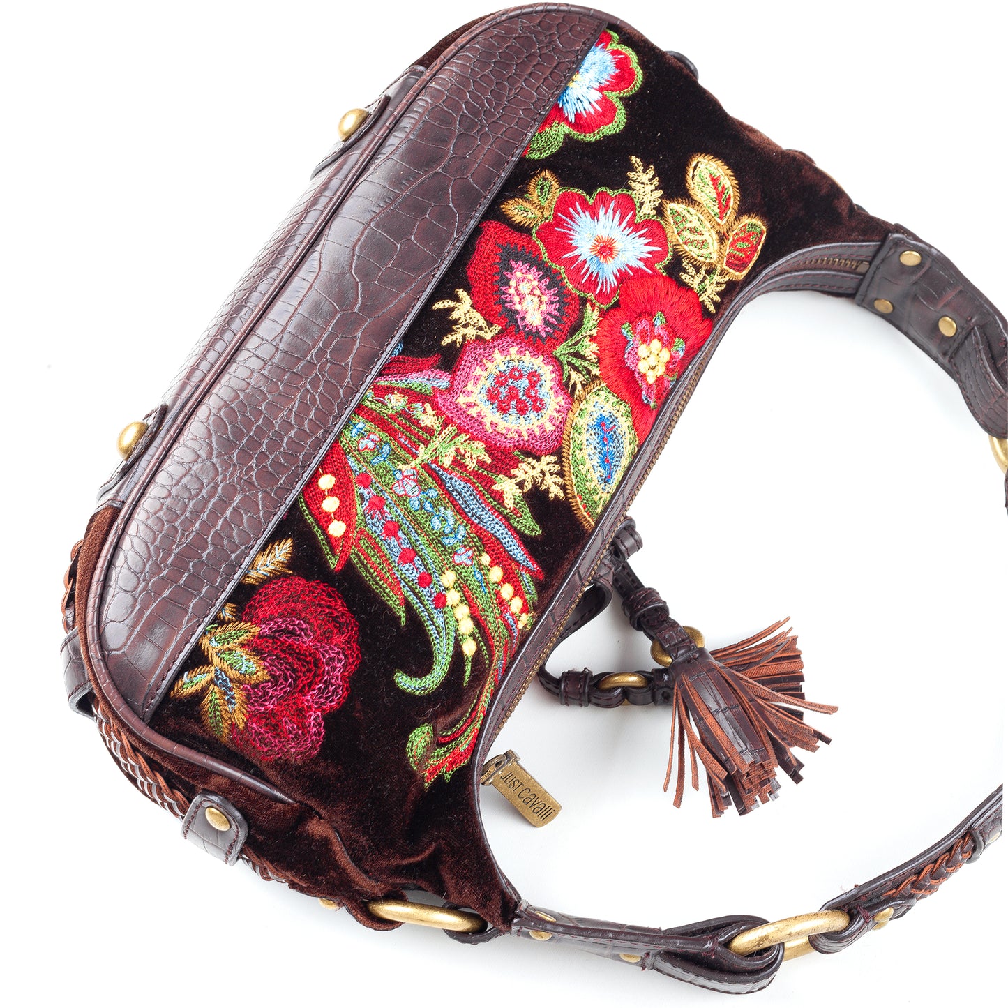 Just Cavalli Brown Floral Embroidered Vintage Shoulder Bag