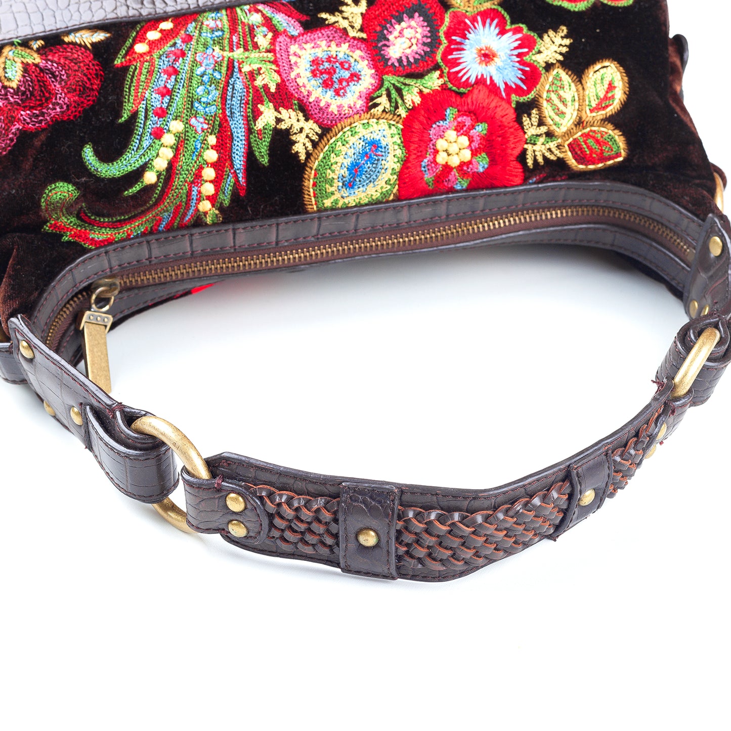 Just Cavalli Brown Floral Embroidered Vintage Shoulder Bag