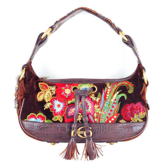 Just Cavalli Brown Floral Embroidered Vintage Shoulder Bag