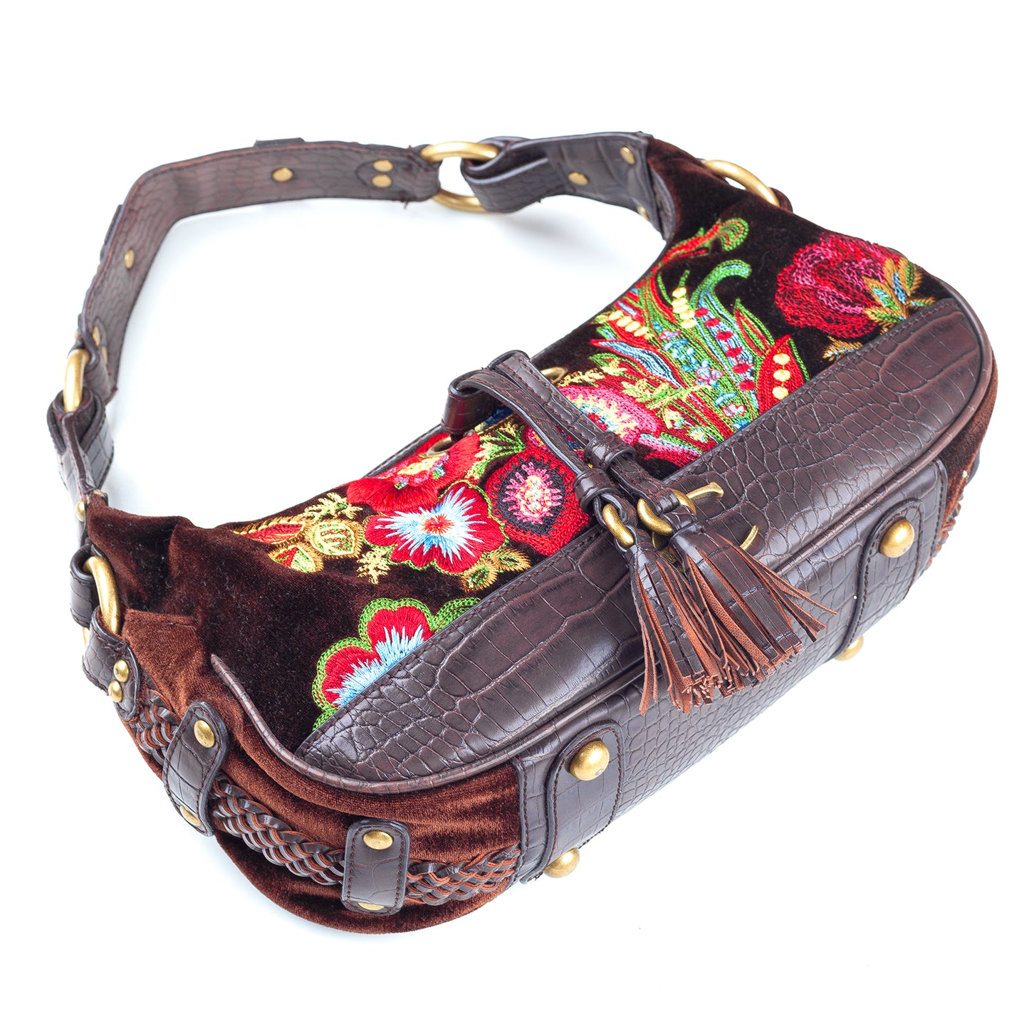 Just Cavalli Brown Floral Embroidered Vintage Shoulder Bag