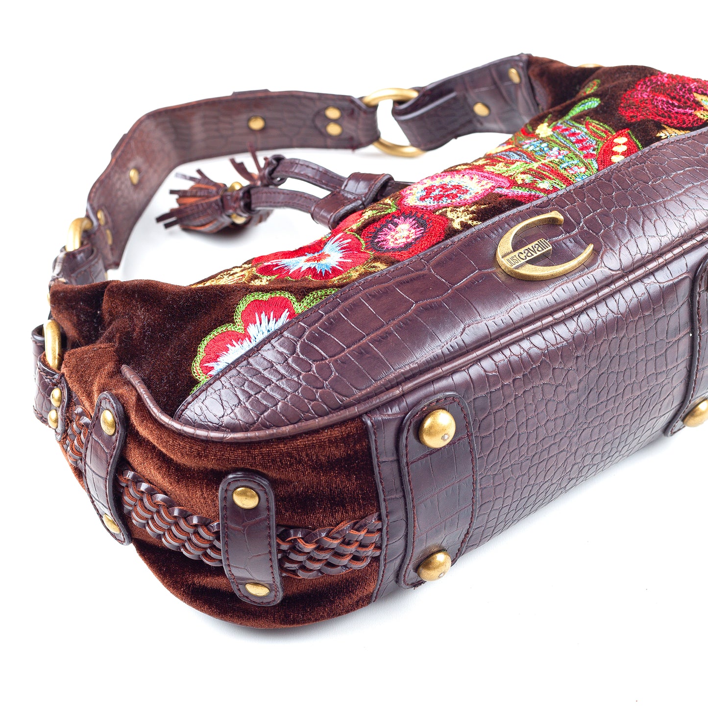 Just Cavalli Brown Floral Embroidered Vintage Shoulder Bag