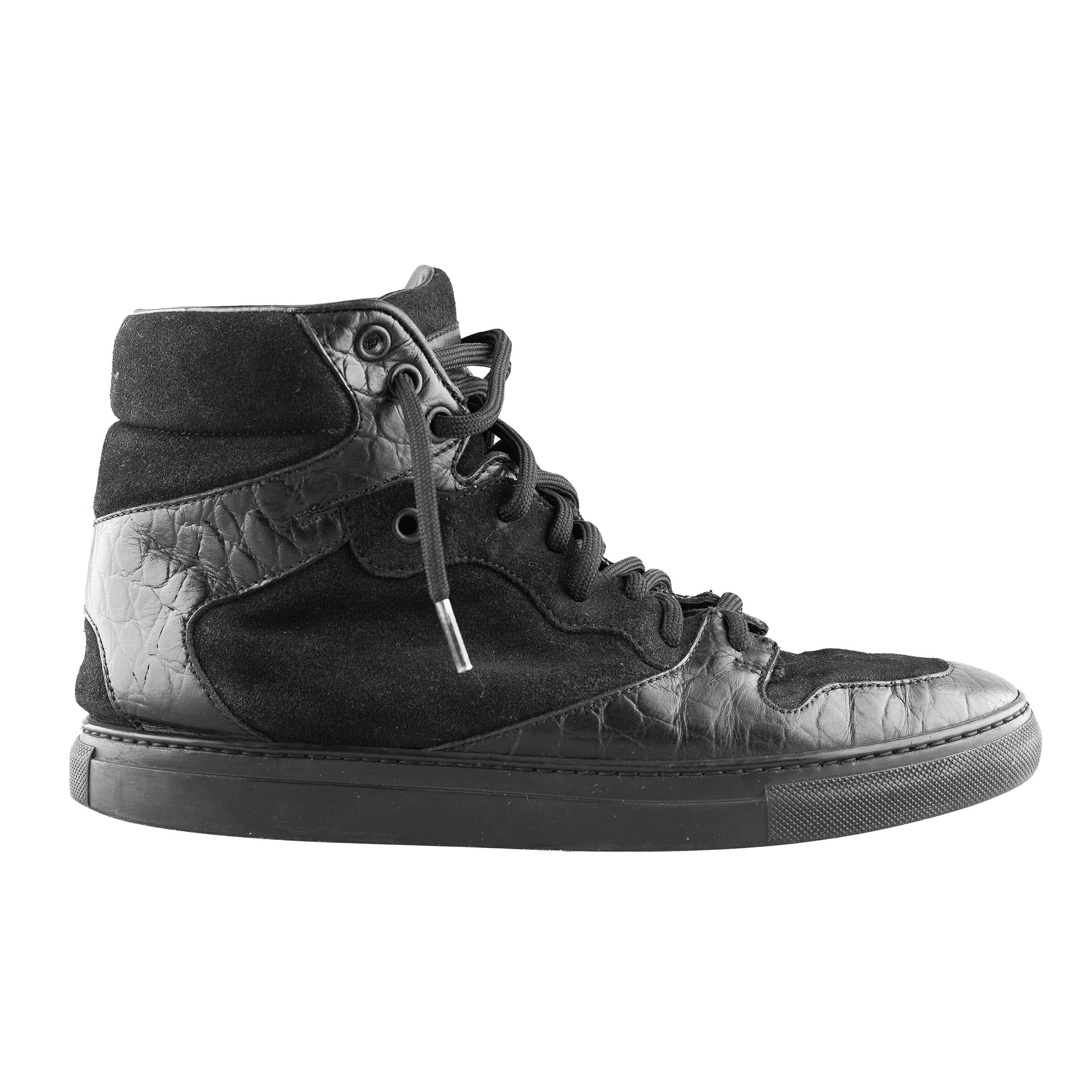 Balenciaga Black Croc Embossed Leather and Suede High Top Sneakers