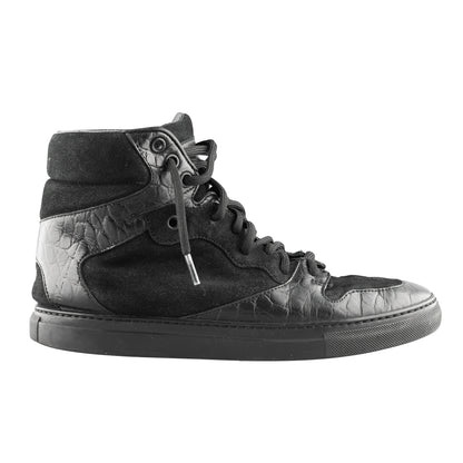 Balenciaga Black Croc Embossed Leather and Suede High Top Sneakers