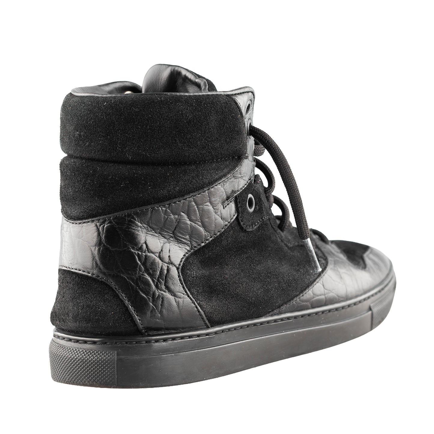 Balenciaga Black Croc Embossed Leather and Suede High Top Sneakers