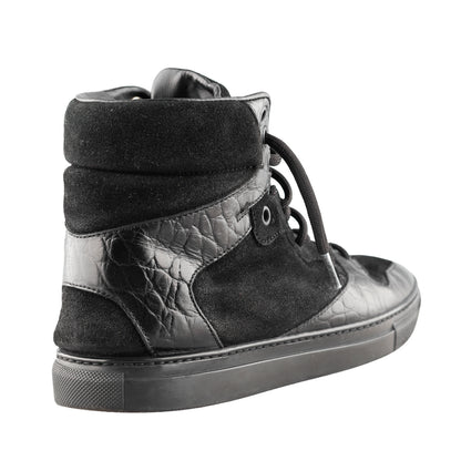 Balenciaga Black Croc Embossed Leather and Suede High Top Sneakers
