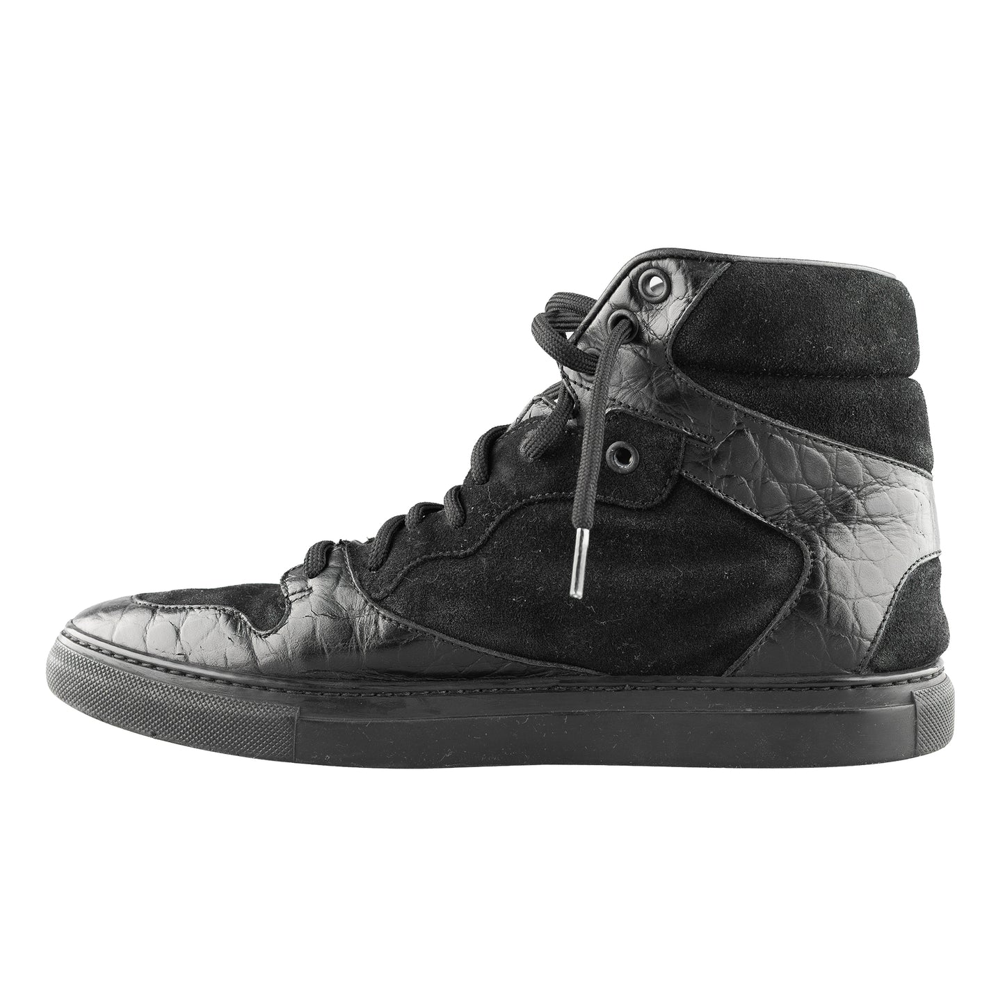 Balenciaga Black Croc Embossed Leather and Suede High Top Sneakers