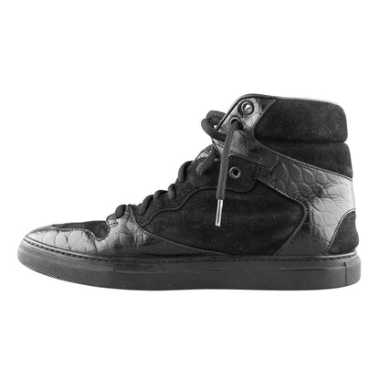 Balenciaga Black Croc Embossed Leather and Suede High Top Sneakers