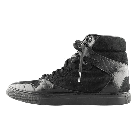 Balenciaga Black Croc Embossed Leather and Suede High Top Sneakers