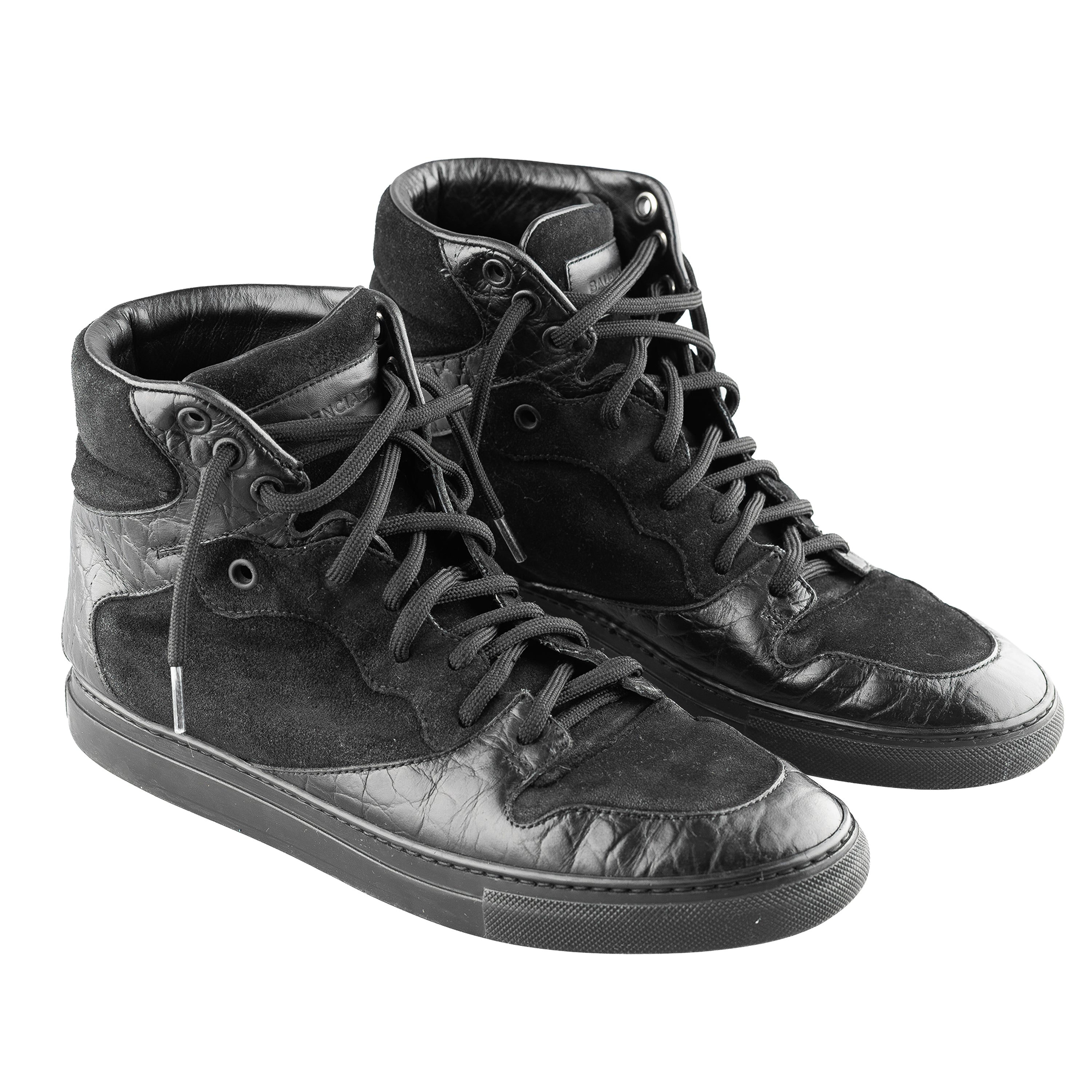 Balenciaga Black Croc Embossed Leather and Suede High Top Sneakers