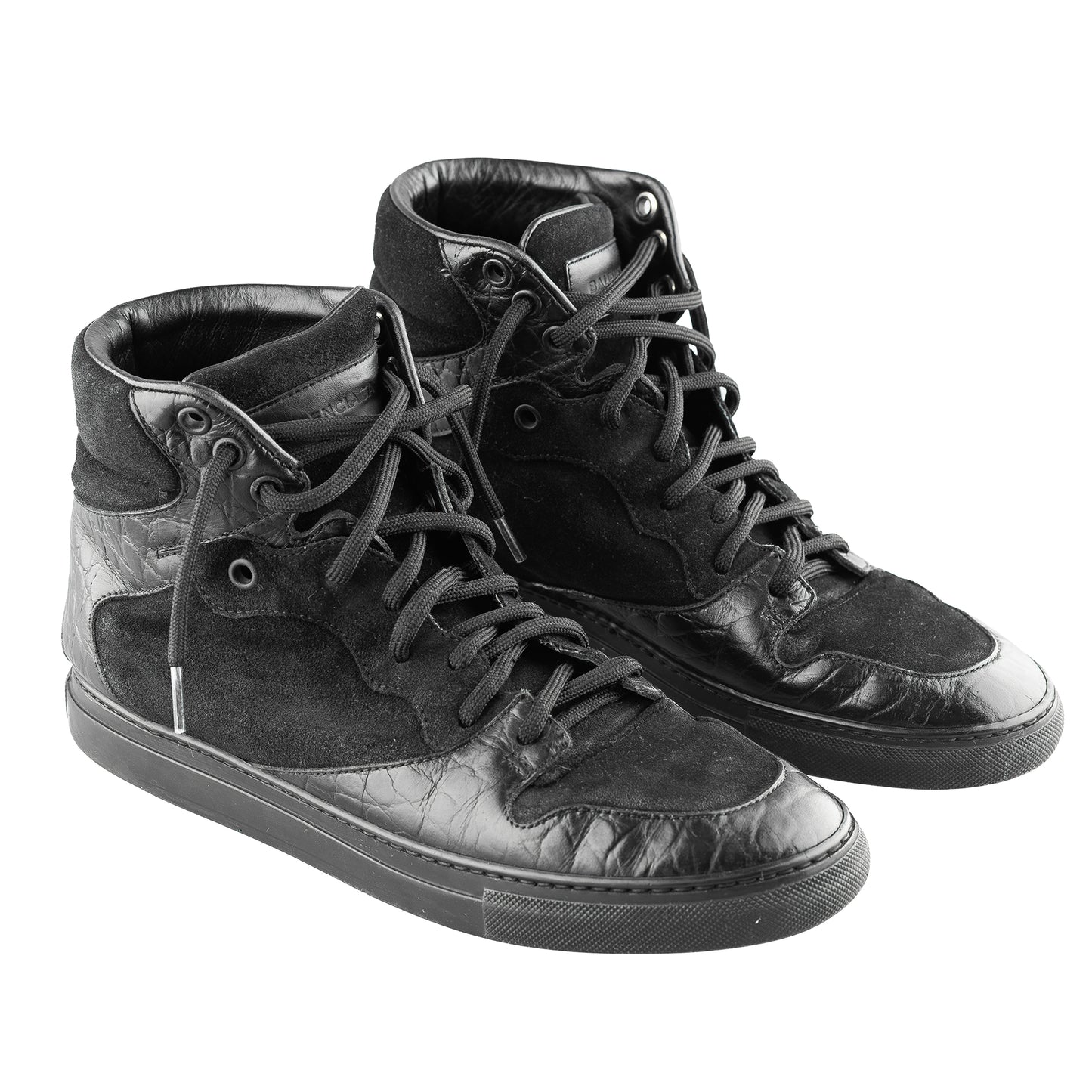 Balenciaga Black Croc Embossed Leather and Suede High Top Sneakers