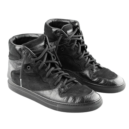 Balenciaga Black Croc Embossed Leather and Suede High Top Sneakers