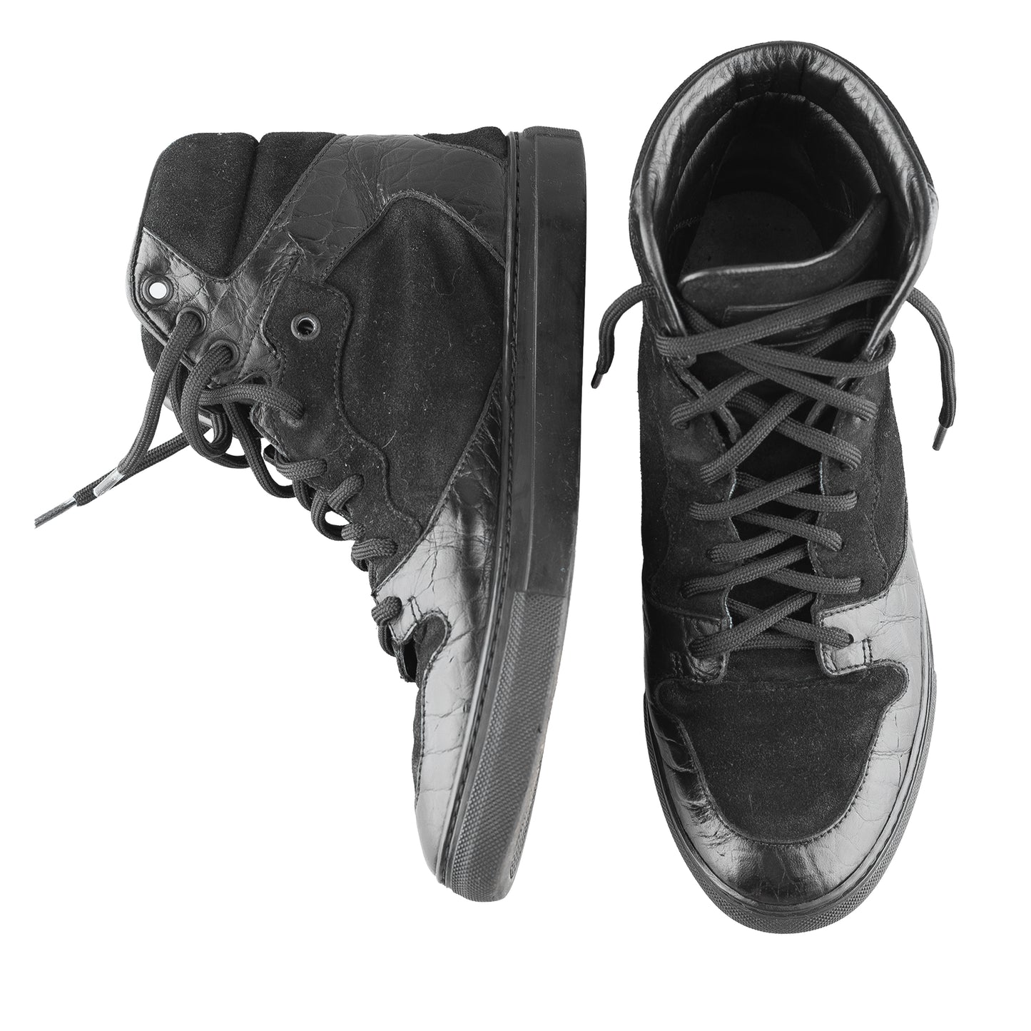 Balenciaga Black Croc Embossed Leather and Suede High Top Sneakers