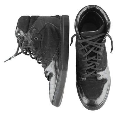 Balenciaga Black Croc Embossed Leather and Suede High Top Sneakers