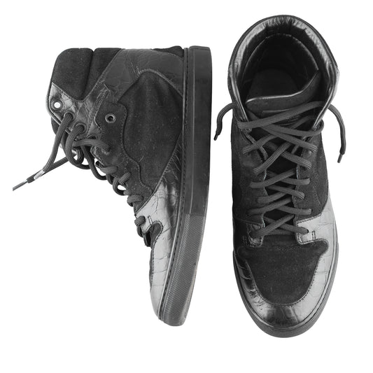 Balenciaga Black Croc Embossed Leather and Suede High Top Sneakers
