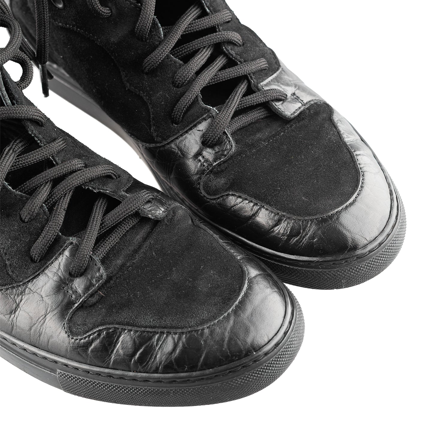 Balenciaga Black Croc Embossed Leather and Suede High Top Sneakers