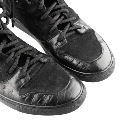 Balenciaga Black Croc Embossed Leather and Suede High Top Sneakers