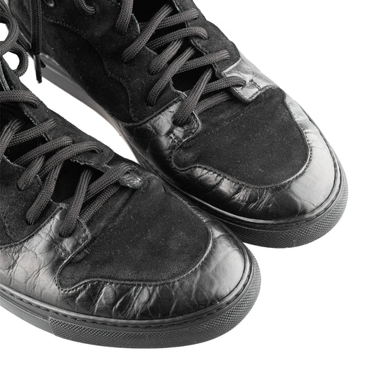 Balenciaga Black Croc Embossed Leather and Suede High Top Sneakers